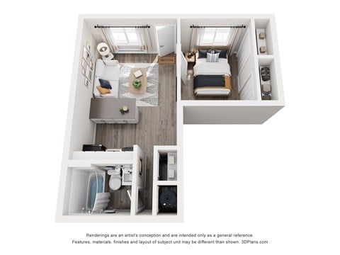 Floor plan for 1 bed, 1 bath, 451 sqft